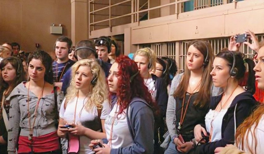 A school group on a tour of Alcatraz
