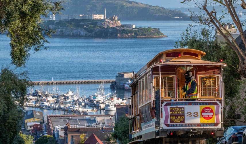San Francisco cable car with Alcatraz in the background